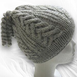 Handmade Gray Chunky Knit Hat with Braided Cable Pattern